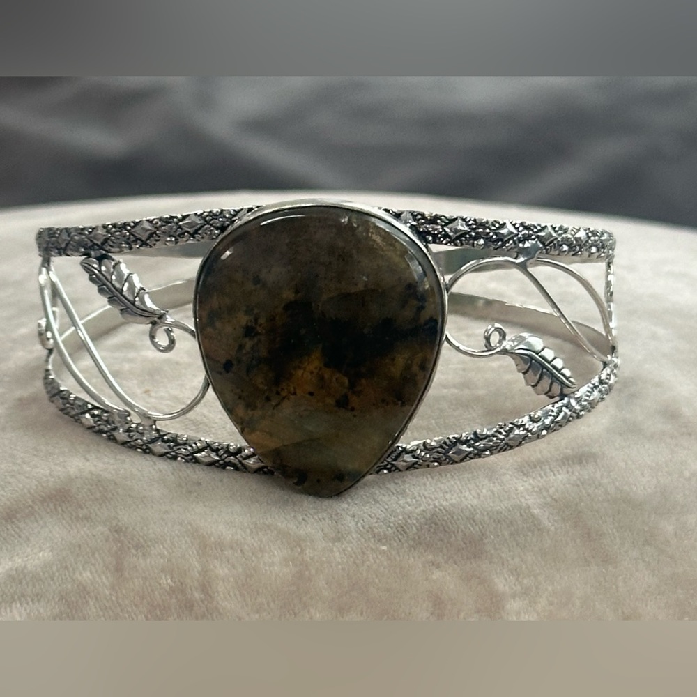 Labradorite Gemstone Sterling Silver Plated Bangle Bracelet
